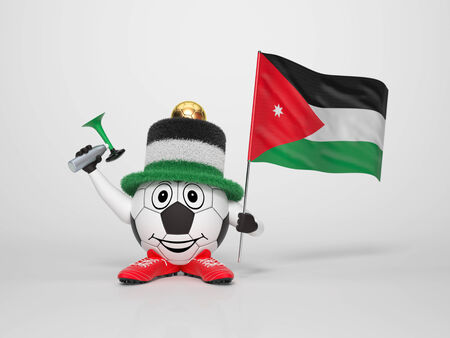 A cute and funny soccer character holding the national flag of Jordan and a horn dressed in the colors of Jordan on bright background supporting his teamの写真素材