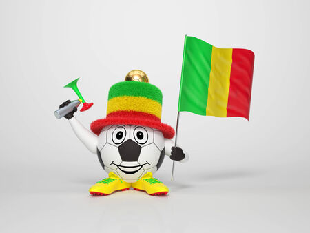 A cute and funny soccer character holding the national flag of Mali and a horn dressed in the colors of Mali on bright background supporting his teamの写真素材