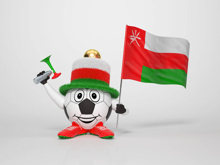 A cute and funny soccer character holding the national flag of Oman and a horn dressed in the colors of Oman on bright background supporting his teamの写真素材