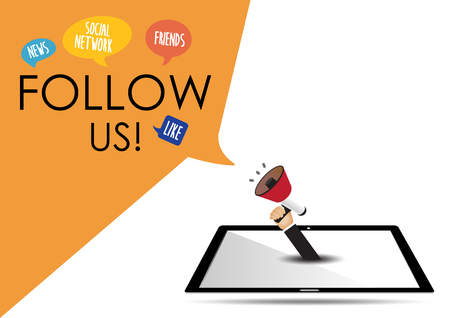 Hand holding megaphone from tablet to speech - Follow us, social mediaのイラスト素材