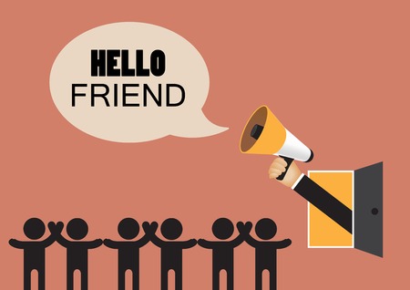 Hnad holding megaphone from the door speech "Hello friend" with human iconのイラスト素材
