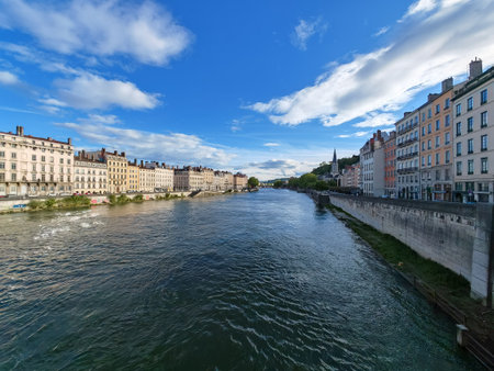Saone River embankment with historic buildings in Lyon France