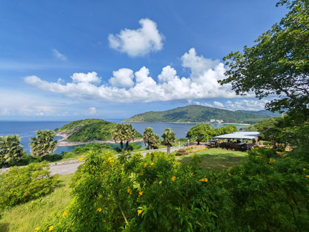 Scenic View of Green Hills and Blue Sea with Tropical Treesの写真素材