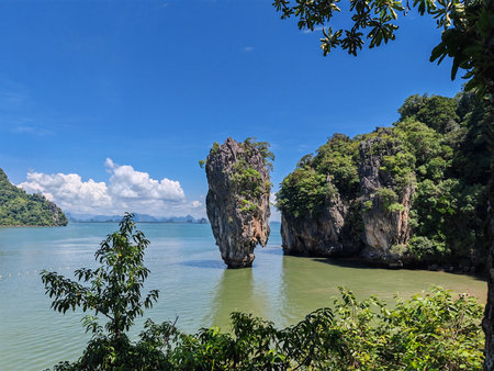 Famous limestone rock island in tropical seaの写真素材
