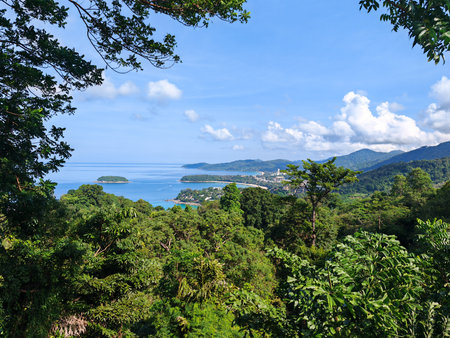 Tropical Forest View with Distant Coastline and Blue Seaの写真素材