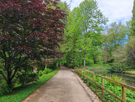 Park pathway with trees and canal
