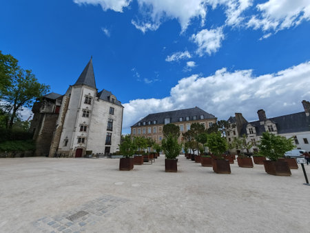 Medieval castle courtyard with trees and blue sky