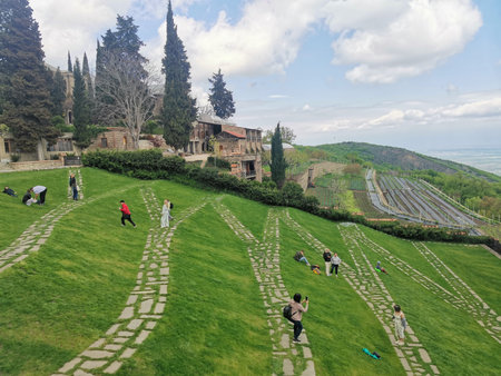 Terraced hillside lawn with patterned stone paths