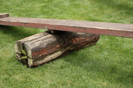 Rustic wooden seesaw on a log baseの写真素材