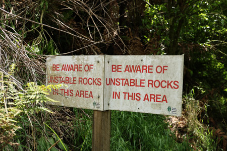 Warning Sign About Unstable Rocks Beside Forest Path