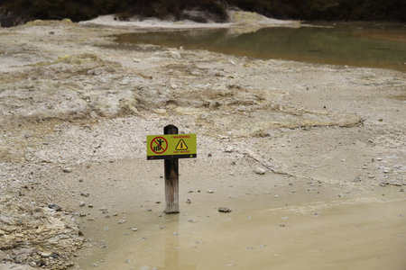 Waiotapu Thermal Wonderland Warning Hot Water Geothermal Mud Pool Landscapeの写真素材