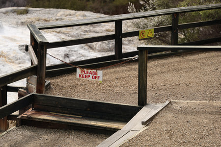 Waiotapu Thermal Wonderland Please Keep Off Warning Chain Across Pathwayの写真素材