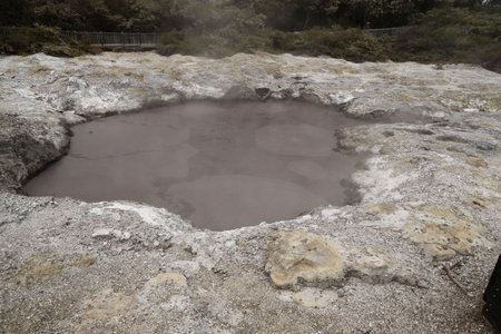 Waiotapu Thermal Wonderland Steaming Mud Pool Beside Wooden Visitor Walkwayの写真素材