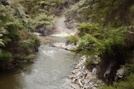 Waiotapu Thermal Wonderland Steaming River Bend Through Lush Green Gorgeの写真素材