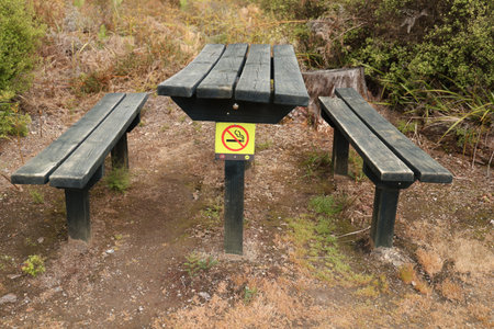 Waiotapu Thermal Wonderland Rustic Picnic Table Forest Clearingの写真素材