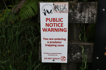 New Zealand Rotorua Public Notice Warning Predator Trapping Zone Forest 28.11.2025の写真素材