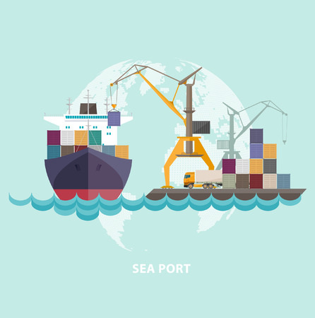 Cargo seaport with ship and cranes.のイラスト素材