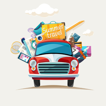 Summer travel illustration with car.のイラスト素材