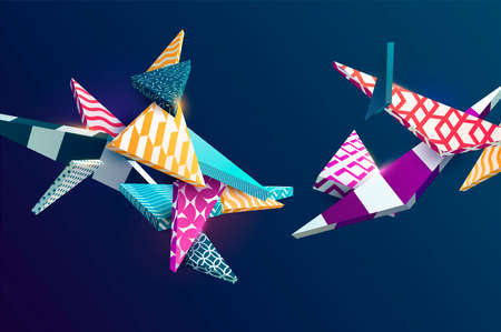 Bright multi-colored 3D triangles on a dark backgroundのイラスト素材