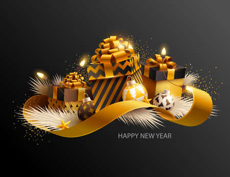 Gift boxes with gold ribbon and christmas decoration on black background. New year greeting card design.のイラスト素材