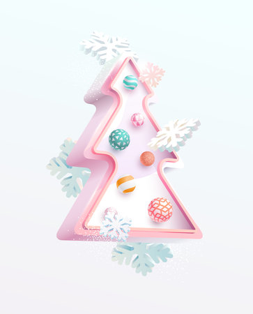 Christmas tree with decorations and snowflakes. New year greeting card design.のイラスト素材