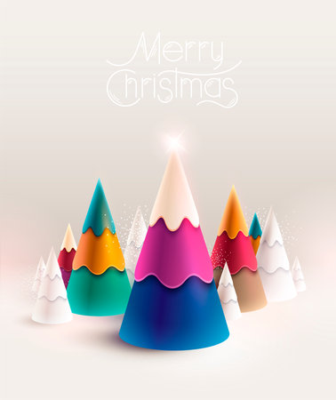Multicolored Christmas trees. Festive new year landscape. Vector illustration.のイラスト素材
