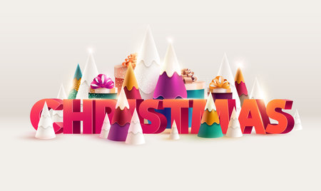 Christmas landscape. Holiday illustration with red lettering, colorful trees and gift boxes.のイラスト素材