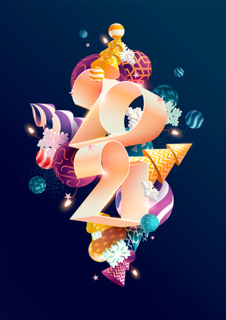 New year 2021. Light numbers with colorful Christmas decoration. 3D greeting card design.のイラスト素材