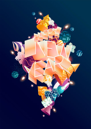 Happy New year. Light isometric inscription with colorful Christmas decoration. 3D greeting card design.のイラスト素材