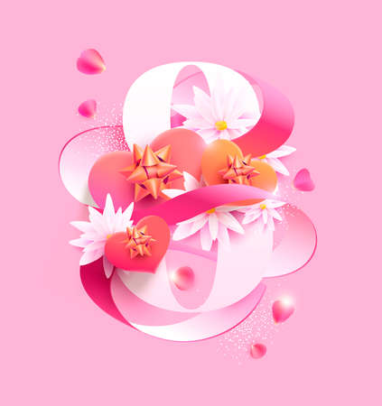 March 8 international women's day. White numeral with pink ribbon, gift boxes and flowers. Greeting card design.のイラスト素材