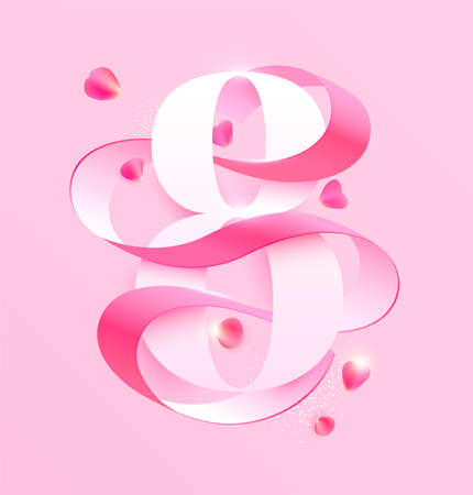 March 8 international women's day. White numeral with pink ribbon. Greeting card design.のイラスト素材
