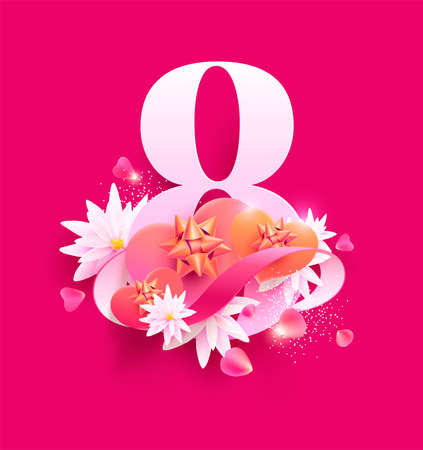 March 8 international women's day. White numeral with pink ribbon, gift boxes and flowers. Greeting card design.のイラスト素材