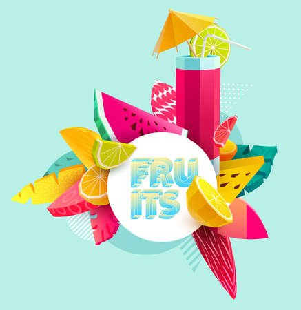 Summer banner with colorful citrus fruits and tropical leaves. Paper cut design.のイラスト素材