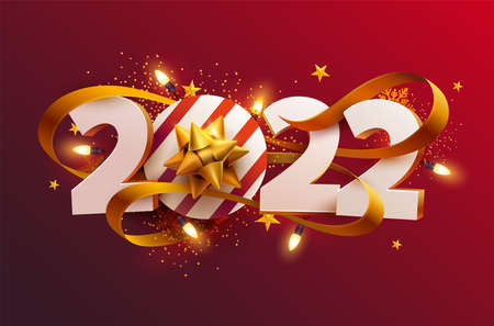 New Years 2022. Greeting card with date and ribbon on red backgroundのイラスト素材