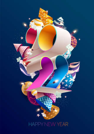 New year 2022. Bright numbers with colorful Christmas decoration. 3D greeting card design.のイラスト素材
