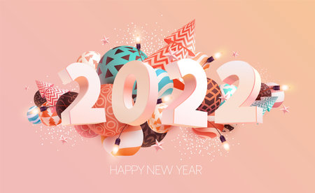 New year 2022. Numbers with christmas decoration. 3D greeting card design.のイラスト素材
