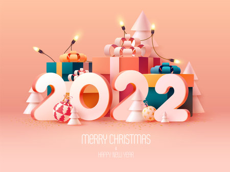 Happy New year poster 2022. White numbers with colorful gift boxes and Christmas decoration. Bright greeting card design.のイラスト素材