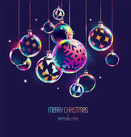 3D Christmas iridescent balls. New year decoration. Bright light illustration.のイラスト素材