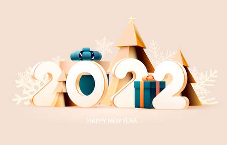 Happy New year poster 2022. White numbers with gift boxes and Christmas tree. Bright greeting card...