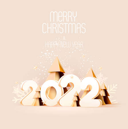 New year 2022.3D lettering design with golden christmas trees. Greeting card design. Bright greeting...