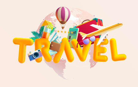 Travel lettering design. 3D vacation poster with letters, suitcase, airplane, world map and things for traveling. Realistic vector illustration.のイラスト素材