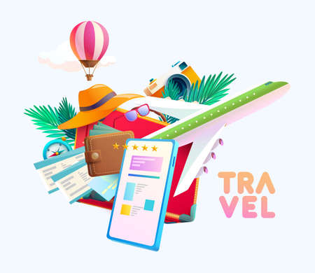 Travel concept design. 3D vacation illustration with suitcase, airplane and things for traveling. Realistic vector illustration.のイラスト素材
