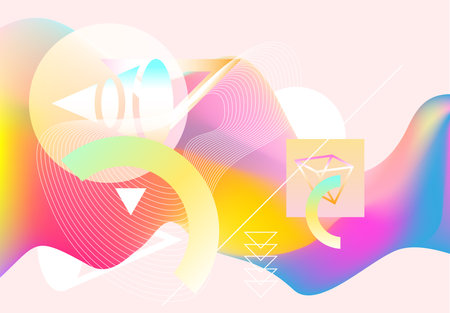 Abstract multicolor background with flat primitive geometric shapes and mash gradient. Bright light vector illustration.のイラスト素材