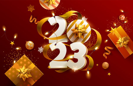 New Years 2023. Greeting card design with 3D numeral, ribbon, gift boxes and christmas decoration....