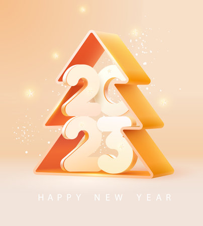 New year 2023. 3D numerical design with color christmas trees. greeting card design.