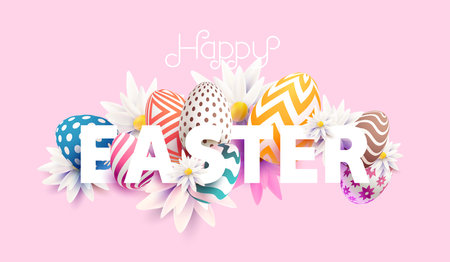 Bright Easter design. White letters with colored eggs and spring flowers. Colorful holiday banner.のイラスト素材