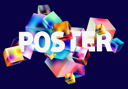 Colorful 3D glass cubes on dark background. Abstract geometric poster design.のイラスト素材