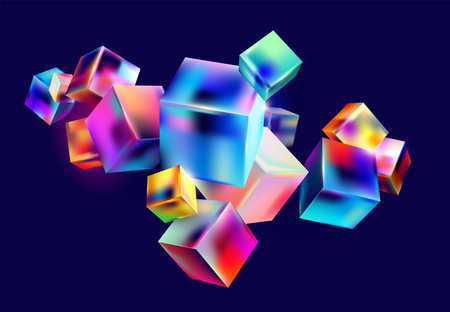 Colorful 3D glass cubes on dark background. Abstract geometric composition.のイラスト素材