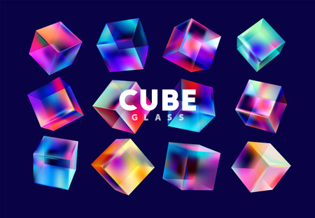 Colorful 3D glass cubes. Set of multicolor vector geometric shapes.のイラスト素材