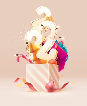 Happy New year poster 2024. White numbers with gift box and Christmas decoration. Bright greeting card design.のイラスト素材